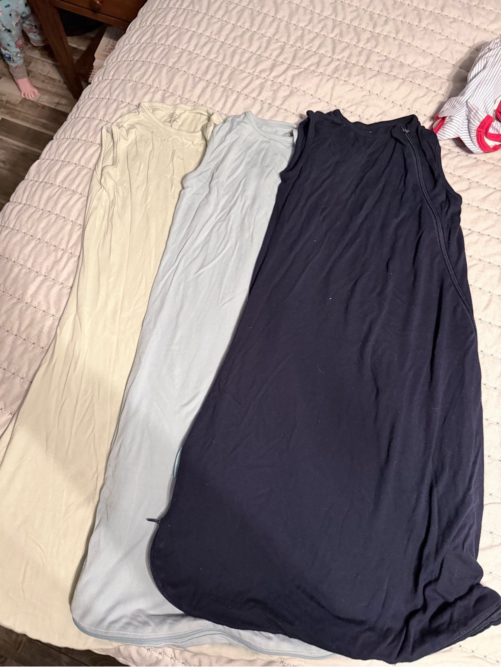 Trio of Sleeveless sleep sacks - Navy, Light Blue, Cream